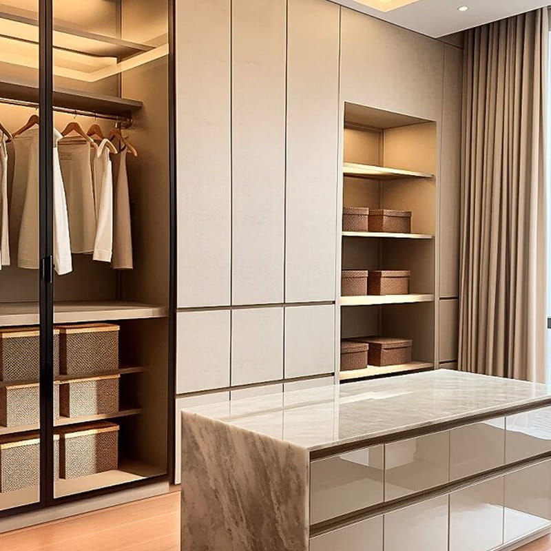 Louvre Minimalistischer begehbarer Kleiderschrank aus Furnier mit Beleuchtung